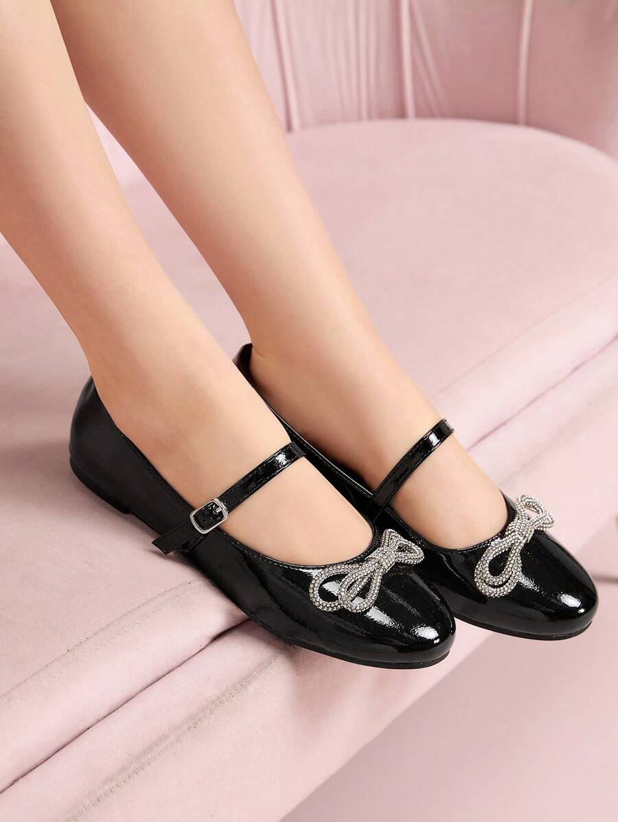 CUCCOO DOLLMOD Women's Black Patent Leather Rhinestone Bow Decor T-Strap Mary Jane Flats, Fashionable & Cute - Black - View 1