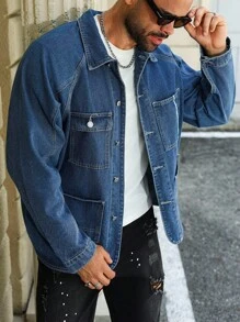 Manfinity Homme 男士加大码蓝色复古水洗绣花领百搭宽松牛仔夹克，适合丈夫和男朋友，秋季