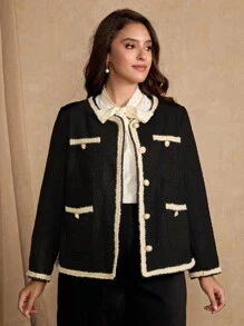 Flirla Plus Size Elegant Ribbon Decor Jacket, Autumn/Winter Fall