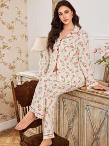 CottageSlumber Floral Print Lapel Top & Pants Plus Size Pajama Set Women Pajama Set Floral Pajama Set Sleepwear, Fall Winter Clothes - Multicolor - View 6