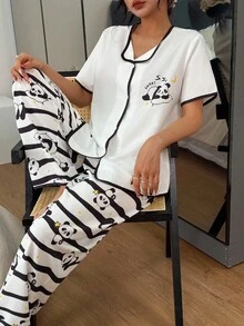 SHEIN Women's Black And White Striped Pajama Set With Panda Prints And Short Sleeves Comfy Pajamas Set Cute Pajamas Set Panda Pajamas - Black and White - View 5