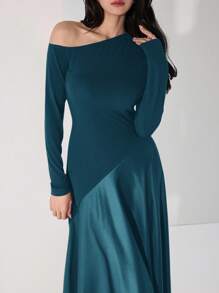 Heiryn 女士纯色斜肩长袖鱼尾下摆优雅连衣裙 - 藍色 - 查看 6