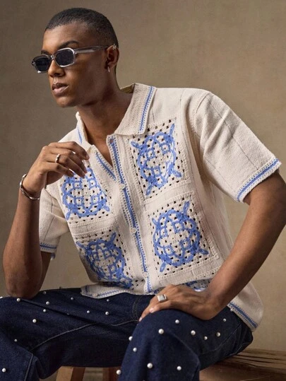 AKNOTIC Camisa de punto de manga corta holgada con patrón retro blanco y azul, adecuada para verano, vacaciones, uso diario, fiestas, parejas, regalo para hombres