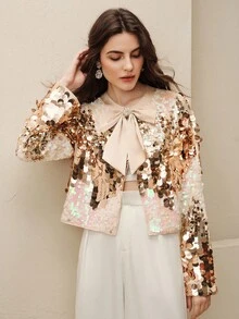 Anewsta 优雅派对渐变亮片圆领长袖蝴蝶结女士夹克，春秋 - 杏色 - 查看 5