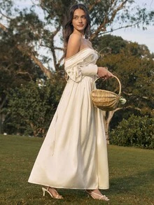 Savoree Lace Trim Off Shoulder Bandeau Sexy High Slit Bodycon Long Sleeve Dress