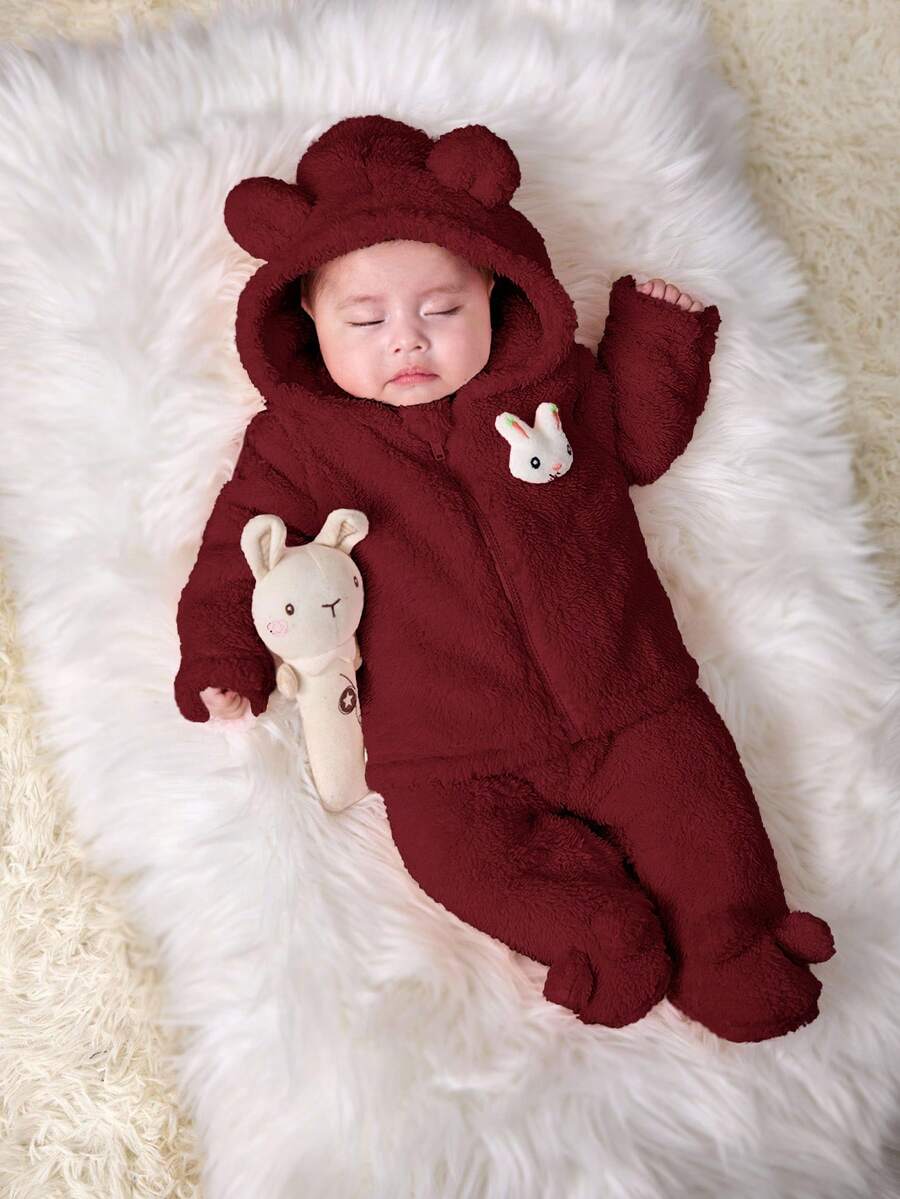 SHEIN Newborn Baby Girl Cute Pink Fluffy Cartoon Pattern Hooded Jacket And Elastic Waist Pants Set, Autumn/Winter Fall - Burgundy - View 1