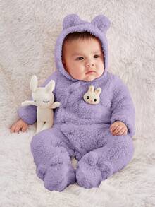 SHEIN Baju Terusan Bayi Perempuan Baru Lahir Berkerudung dan Berkaki Bahan Fleece untuk Musim Gugur dan Musim Dingin - Mauve Purple - View 6