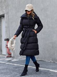 RueChic Solid Belted Puffer Coat - Black - View 5