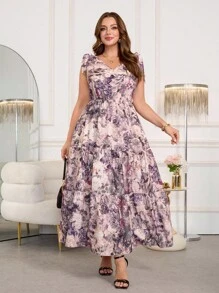 Ellevyn 大码优雅全印花无袖连衣裙，夏季女士教师服装 女士办公室服装 女士教师服装 女士机场服装 女士紫色服装 大码女装 外出服装 秋季服装 粉色连衣裙 女士超长连衣裙 女士连衣裙 女士连衣裙 优雅优雅女士连衣裙 大码女士秋季连衣裙