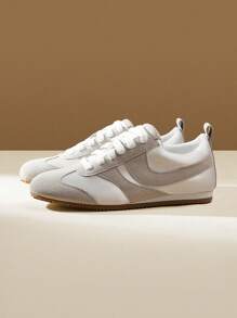 CUCCOO EASI 女士拼布圆头平底休闲运动鞋，舒适休闲风格 PU 皮革浅灰色运动鞋，适合日常室内外穿着 - 灰色 - 查看 2