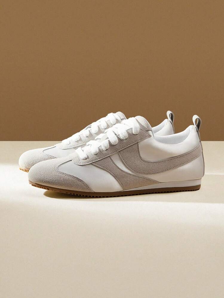 CUCCOO EASI Women's Patchwork Round Toe Flat Casual Sneakers, Comfortable Casual Style PU Leather Light Gray Sneakers For Daily Indoor & Outdoor Wear