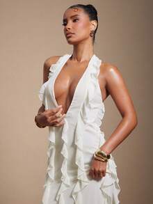 Hauture Women's Summer Sexy Low Front Neck Ruffle Ivory Night Out Maxi Dress - Apricot - View 2