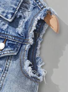 SHEIN 年轻男孩秋冬复古街头酷炫风格破洞日常蓝色牛仔破洞宽松夹克，新品，男孩返校服，儿童服装和男孩街头服饰 - 淺色水洗藍 - 查看 5