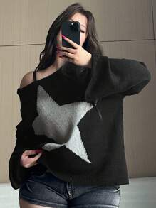 Dazy Plus Plus Size Mesh Five-Star Graphic Crew Neck Loose Streetwear Sweater For Plus Size Women, Early Autumn - Black - View 1
