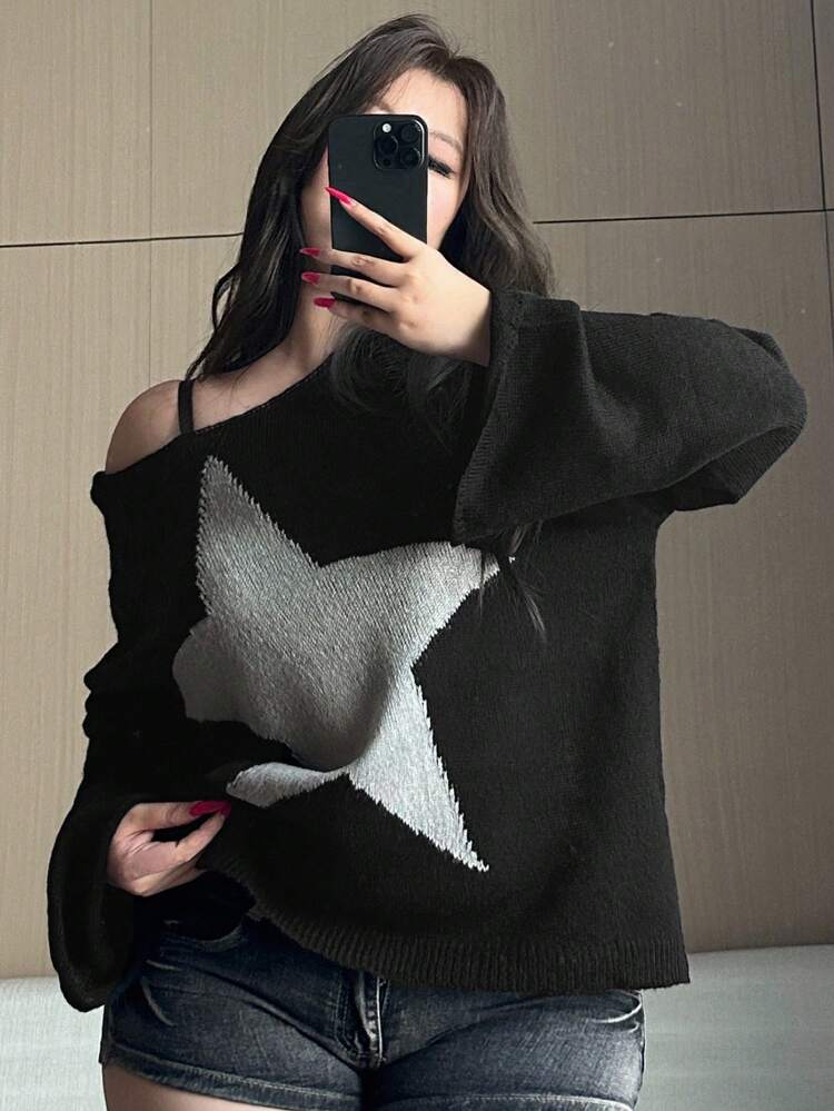 Dazy Plus Plus Size Mesh Five-Star Graphic Crew Neck Loose Streetwear Sweater For Plus Size Women, Early Autumn