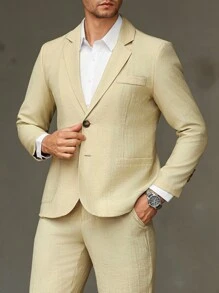 Manfinity Mode Plus Size Men's Solid Color Lapel NeckLong Sleeve Jacket And Pants Suit Set - Apricot - View 6
