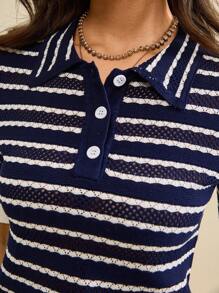 Muvela Top à manches courtes en tricot avec col polo et rayures contrastées, couleur crème jaune. Blouse d'été mignonne pour femmes