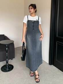 Dazy Plus 水洗浅蓝色宽松牛仔背带裙，四季百搭