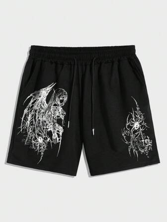 Street Life Pantalones cortos deportivos casuales de pierna ancha y ajuste holgado con cordón y estampado para hombres