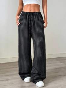 SHEIN EZwear 女款休閒條紋寬腿褲，適合日常穿著，低腰，返校季，秋冬百搭褲 - 彩色 - 查看 5