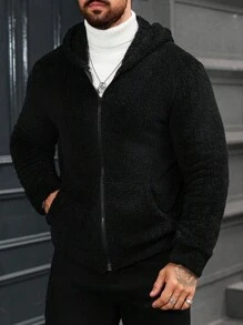 Manfinity CasualCool 男士长袖休闲纯色连帽外套，秋冬季百搭抓绒外套，黑色 - 黑色 - 查看 6