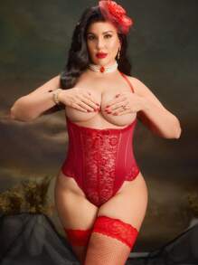 Plus Size Ruffled, Hollow-Out Floral Lace Bodystocking + Thigh High Socks, Sexy Lingerie Set