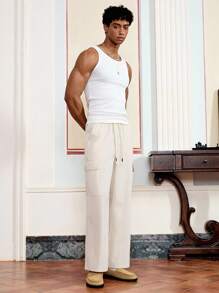 SWAVVY Men's Casual Solid Color Straight Leg Cargo Pants - Beige - View 6