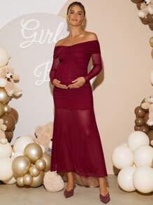 Loomaby 孕妇纯色褶饰露肩长袖鱼尾下摆修身优雅连衣裙 - 酒紅色 - 查看 5