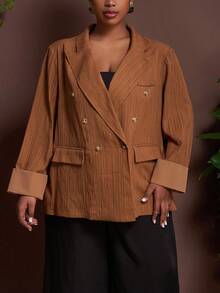 Veslaya 2025 Autumn/Winter New Large Women's/Autumn Women's/Return To School/School Clothing/Y2k/Street Style/Date Outing/Work/Office/Women's Airport Clothing/Party/Commuting/Elegant/Cocktail/Punk/Decadent/Valentine's Day/Commuting French Loose Brown Texture Fabric Flat Barge With Pocket Long Sleeve H-Shaped Double Row Buckle Fall