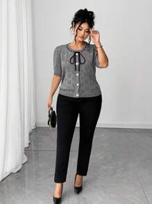 Elenzga Áo len cardigan dệt kim tay phồng khoét lỗ phía trước cỡ lớn cho nữ - Xám - Xem 6