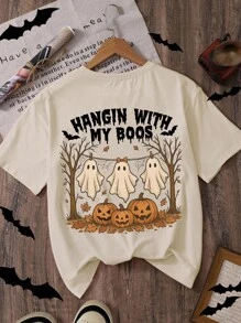 Plus Size Women Halloween, Ghost, Pumpkin Print T-Shirt