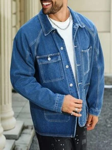 Manfinity Homme 男士加大码蓝色复古水洗绣花领百搭宽松牛仔夹克，适合丈夫和男朋友，秋季