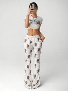 SHEIN ICON 修身卡通印花超低腰喇叭裤女式运动裤 - 淺灰色 - 查看 3