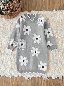 SHEIN Kleine Mädchen V-Ausschnitt Kleid mit Blumenmuster, gestrickt