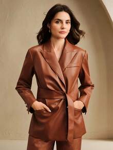 Anewsta Women's Brown Pleated Tie Waist Pocket Glossy PU Leather Elegant Blazer, Autumn/Winter - Brown - View 3