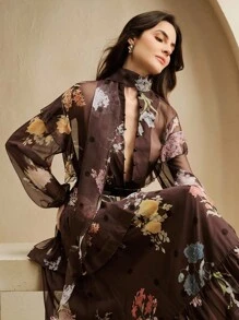 Anewsta Women's Floral Print Mesh Drop Shoulder Ruffle Trim Loose Fashion Blouse - Brown - View 5