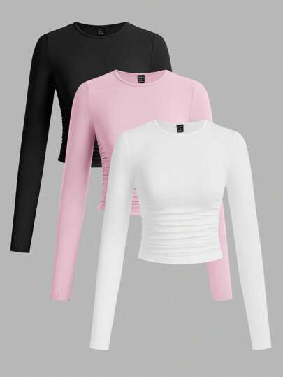 SHEIN EZwear 3pcs/Set Women's Casual Solid Color Crew Neck Ruched Long Sleeve T-Shirts, Black, White, Pink, Autumn/Winter,Fall Clothes For Women,Fall Tops