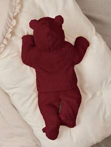 SHEIN Newborn Baby Girl Cute Pink Fluffy Cartoon Pattern Hooded Jacket And Elastic Waist Pants Set, Autumn/Winter Fall - Burgundy - View 2