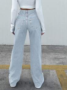 EURMUSE 100%Cotton Women's Casual Bleashed Straight Leg Jeans - Baby Blue - View 2