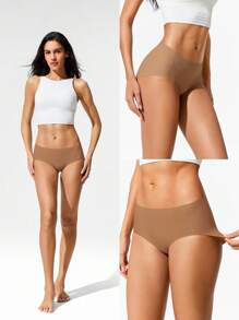 GLOWMODE 2 Packs Lightweight Breathable Sweat-Wicking Mid-Waist Full Coverage Seamless No-Show Underwear Daily Workout - Brown - View 8