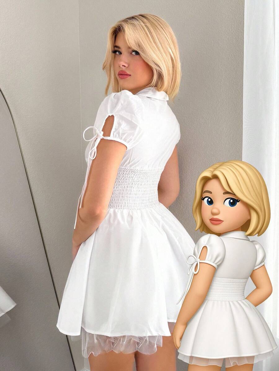 Sweetina فستان أنيق قصير بأكمام منتفخة بياقة مستديرة، أبيض، صيفي - أبيض - مشاهدة 1