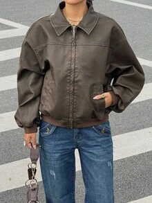 Muchica Quần áo mùa thu cho nữ Áo khoác da PU họa tiết bông tuyết cổ điển mới, thích hợp mặc hàng ngày và dạo phố - màu nâu - Xem 4