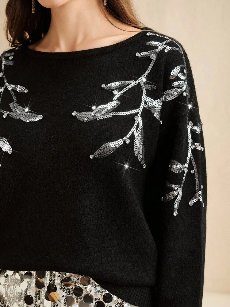 Fashionable Shoulder Embellished Sequin & Rhinestone Loose Fit Long Sleeve Women Sweater, Suitable For Autumn, Fall, Winter, Going Out, Elegant, Formal, Party, Chic, New Year, Christmas, Work, Graduation, Wedding