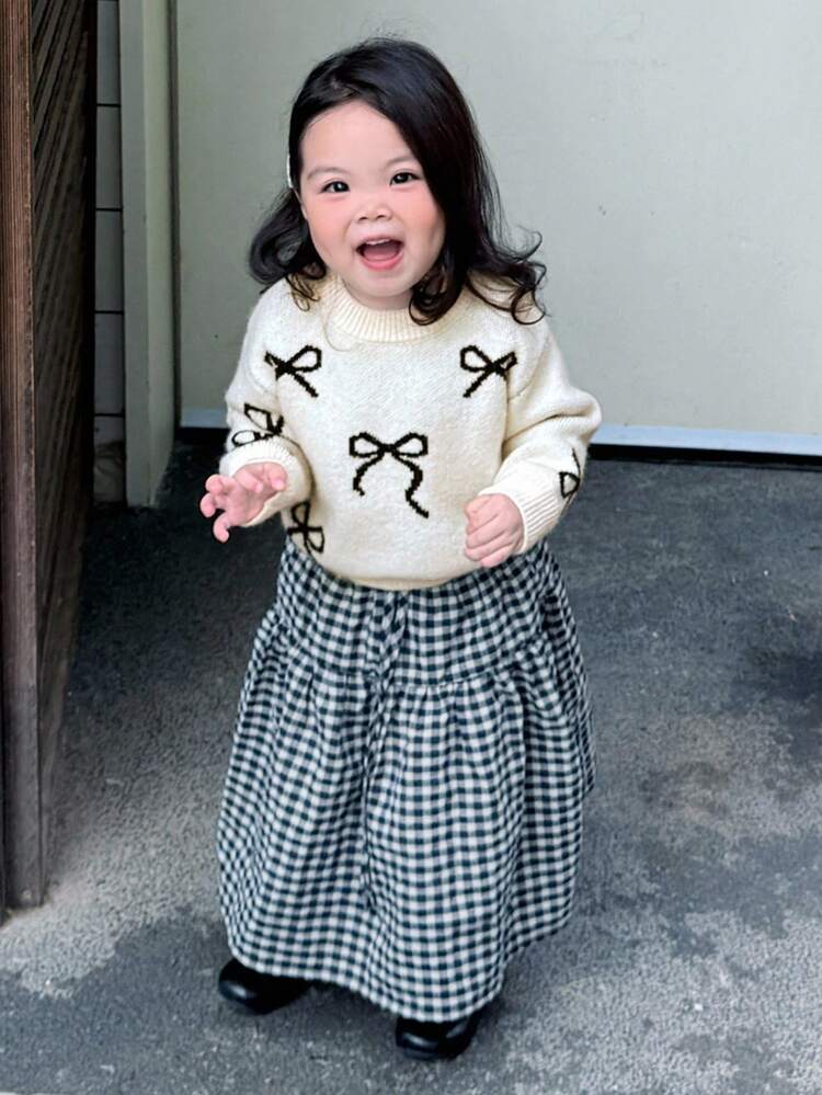 Toddler Girls' Round Neck Korean Style Bow Contrast Color Cute Long Sleeve Sweater, Spring/Autumn