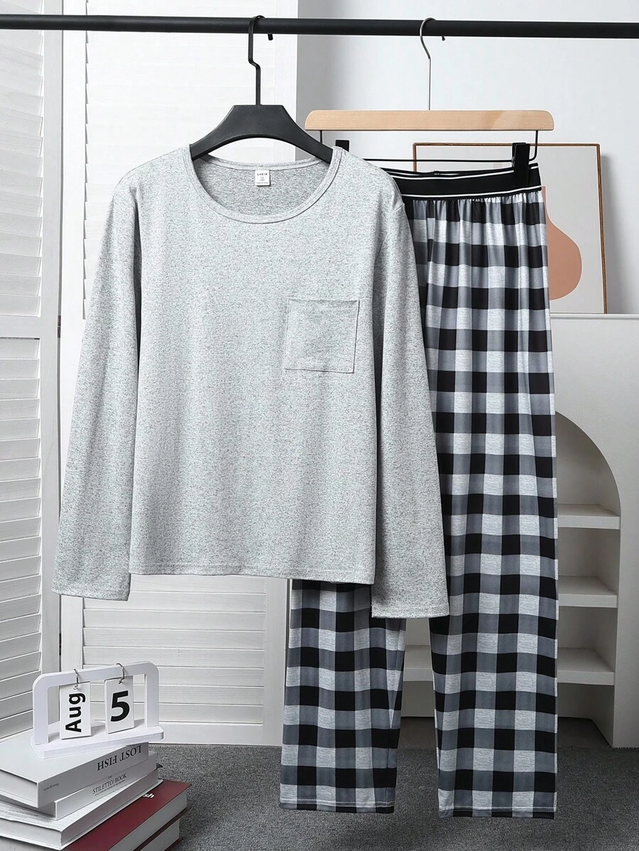 青少年男孩花卉印花口袋长袖上衣搭配经典黑灰色格子裤，休闲家居服套装 - 彩色 - 查看 1