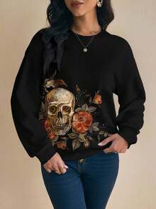 Shutterstock Glamance 女士休闲时尚印花宽松圆领长袖卫衣，骷髅头图案，万圣节主题，哥特风，基础款上衣 - 白色 - 查看 6