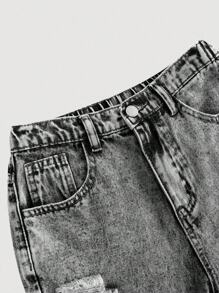 SHEIN Girlism 少女蓝色做旧宽松直筒牛仔裤 - 黑色 - 查看 3