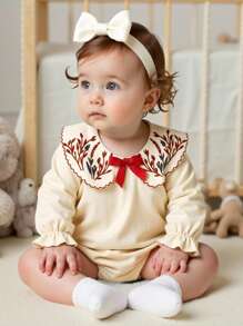 SHEIN Playful Pals Baby Girls' Countryside Embroidered Peter Pan Collar Bowknot Frill Cuff Long Sleeve Bodysuit, Autumn Fall Winter
