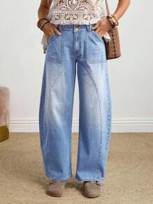 EMERY ROSE 女式纽扣前口袋宽松直筒牛仔裤 - 淺色水洗藍 - 查看 2