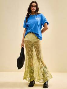 SHEIN Unity 2025 Autumn New Lace Mermaid Hem Casual Y2K Retro Country Music Festival Vintage Street Style Office Date Party Outing Airport Back To School Skirt For Women, Autumn/Winter - Yellow - View 1